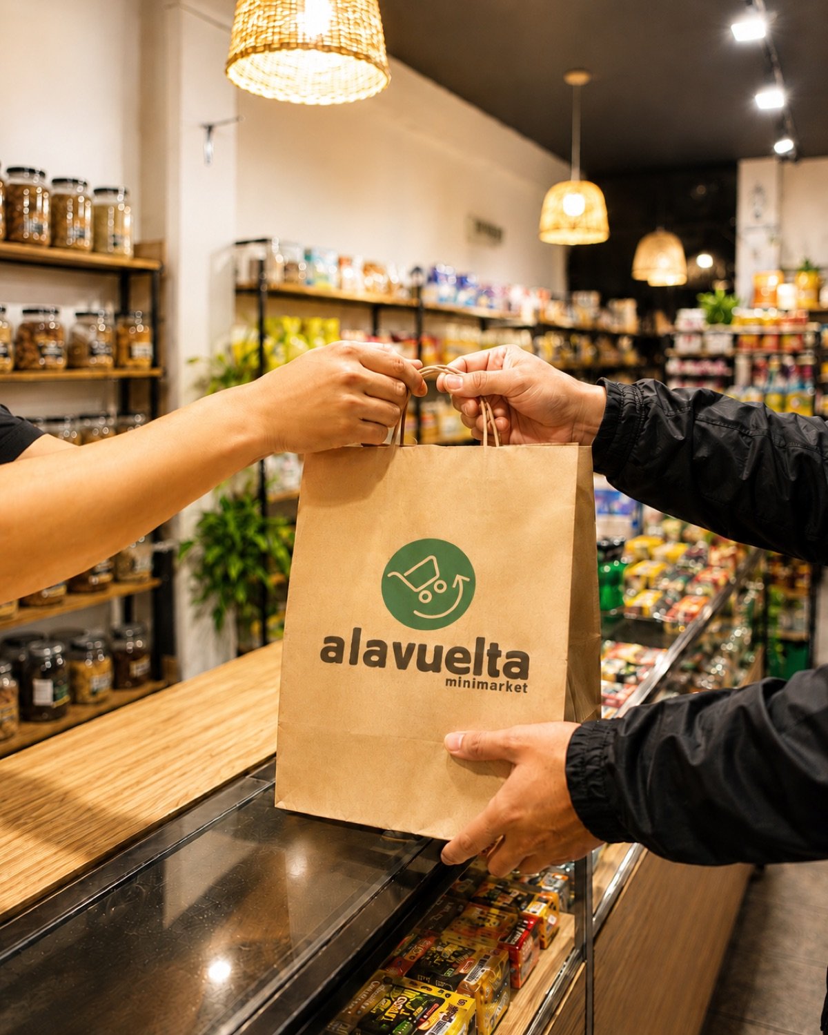 Bolsa kraft con logo de a la vuelta minimarket entregándose al cliente